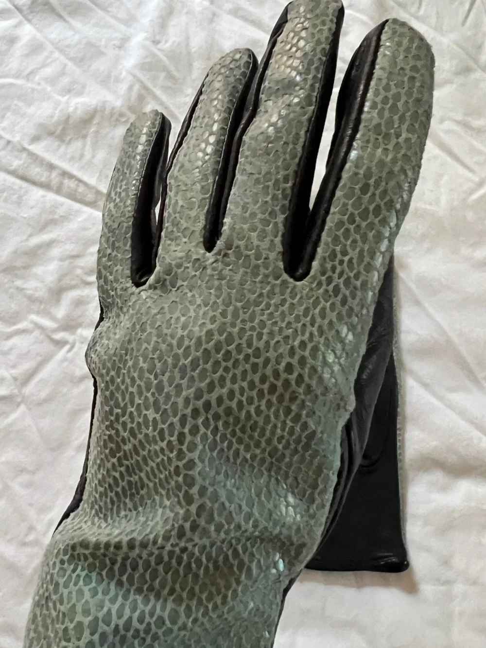 Blue and Black Leather Gloves with Textured Snakeskin front